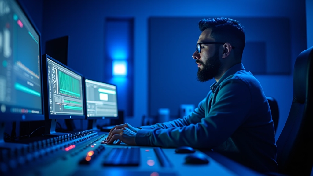 Professional audio engineer working at mixing console with multiple monitors in modern studio