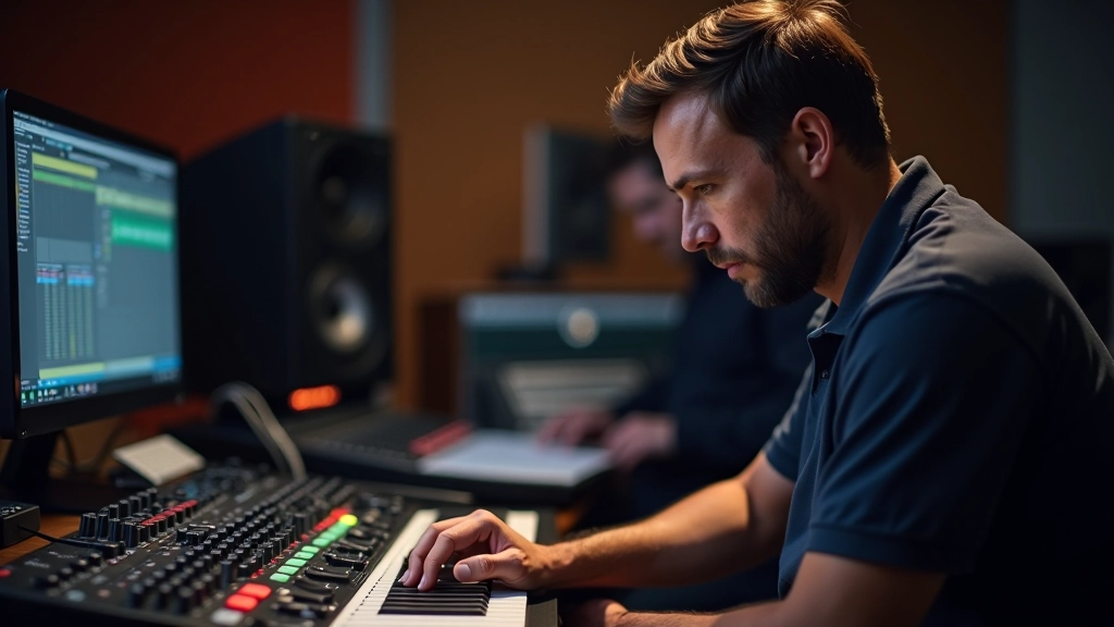 Audio engineer adjusting settings on mixing console with multiple faders and displays in professional studio