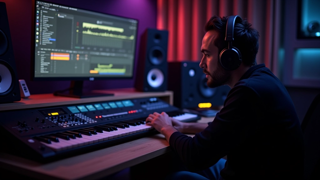 Digital audio workstation setup with MIDI keyboard, studio headphones, and multiple computer monitors displaying audio software