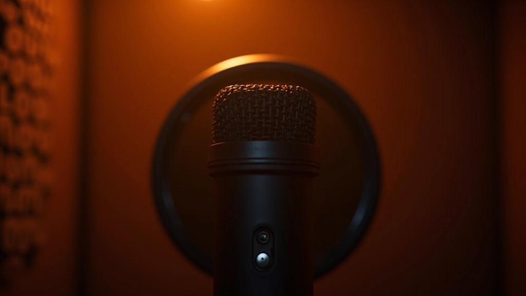 Close-up of professional microphone in sound-treated recording booth with acoustic foam panels