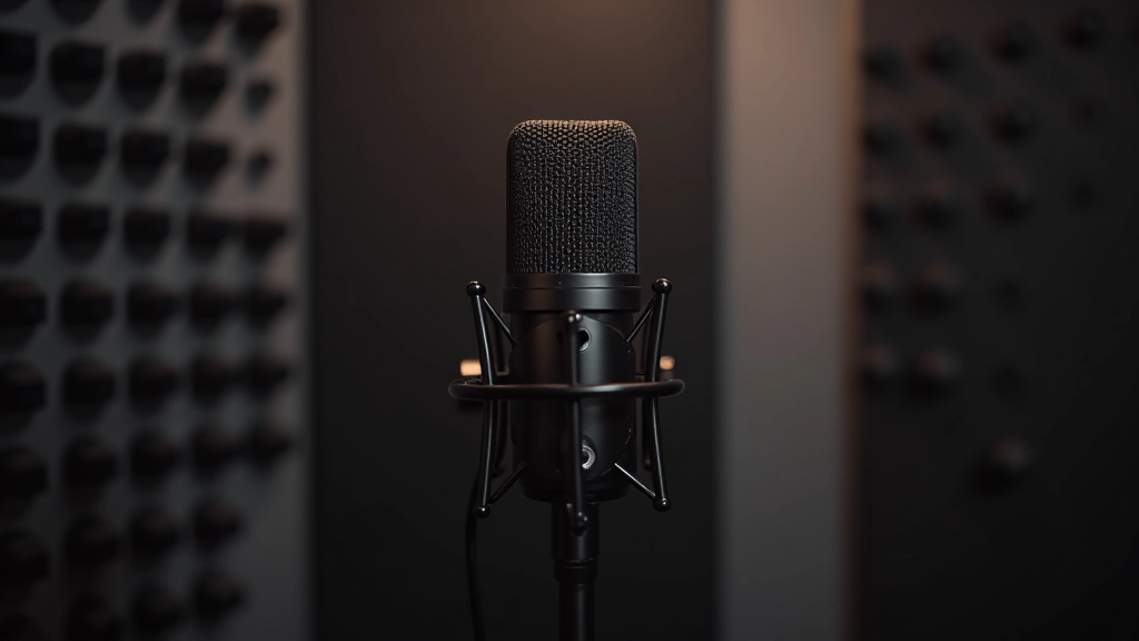 Microphone in professional recording booth with acoustic foam panels and reflection filter visible