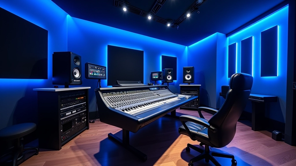 Professional sound engineer working in modern recording studio with mixing console and studio monitors
