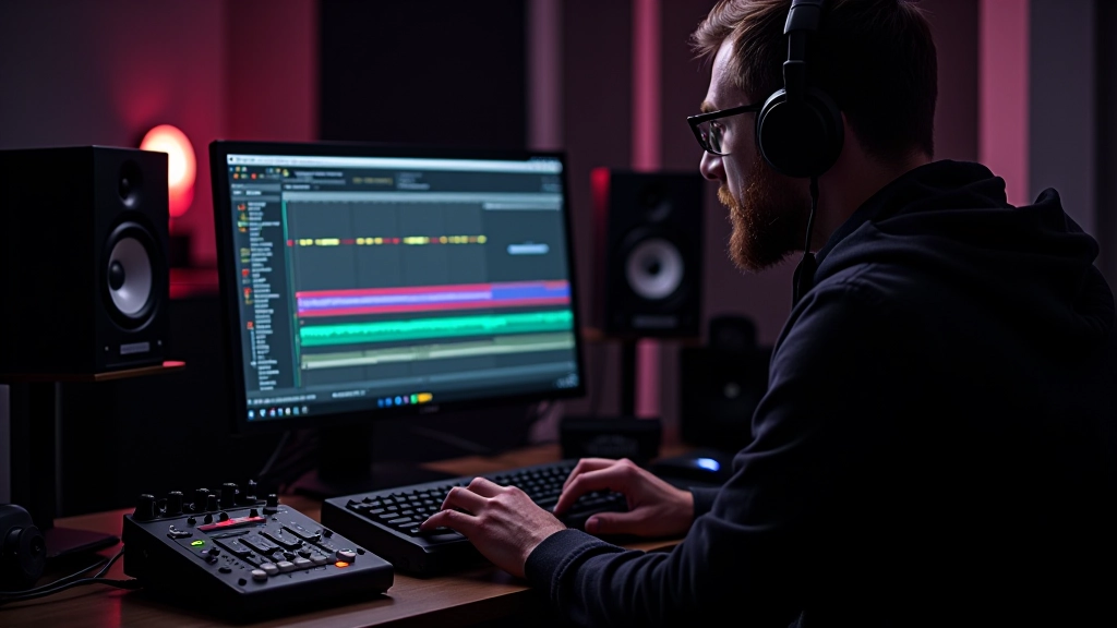 Sound designer arranging and editing audio tracks in professional DAW software on large monitor